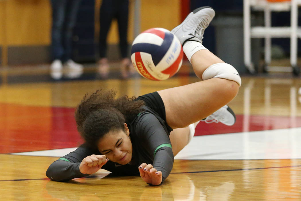 Palo Verde’s Maeva Badio (5) misses the ball against Bishop Gorman during the third se ...