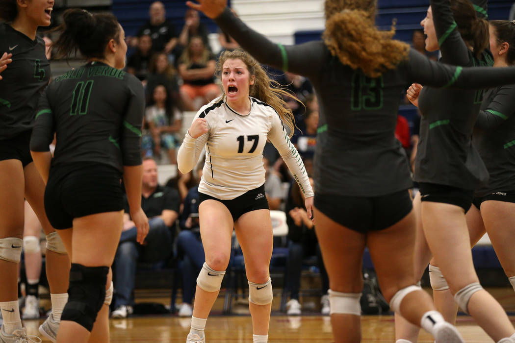 Palo Verde’s Mia Sadler (17) reacts after a play against Bishop Gorman during the thir ...