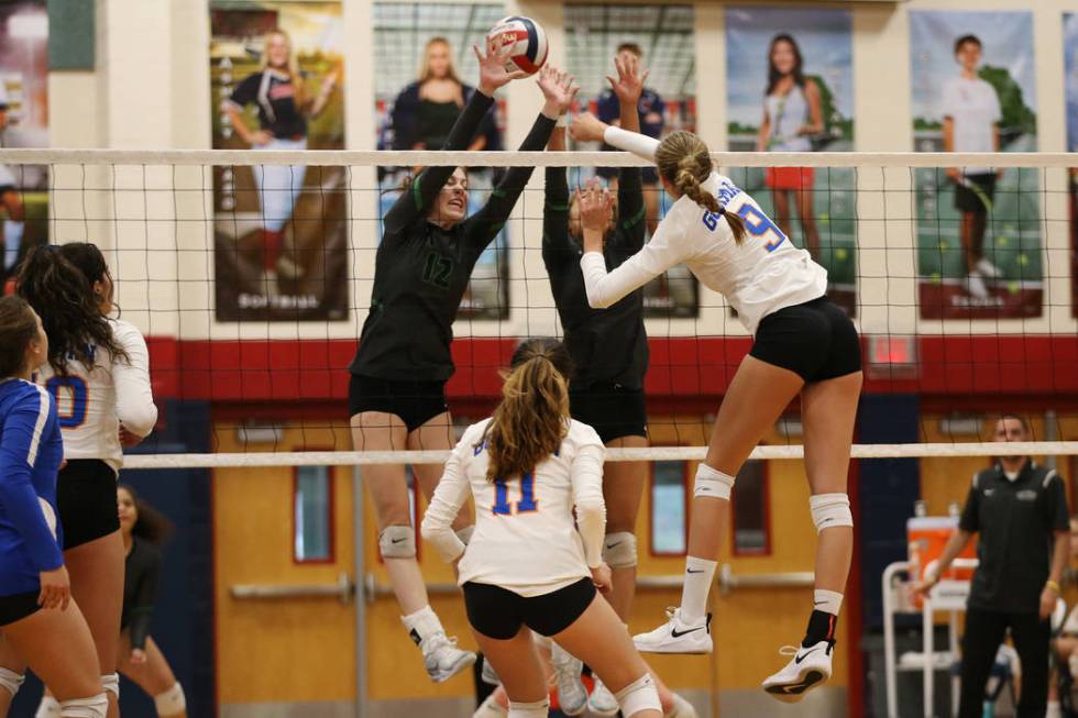 Bishop Gorman’s Anjelina Starck (9) connects with the ball against Palo Verde during t ...