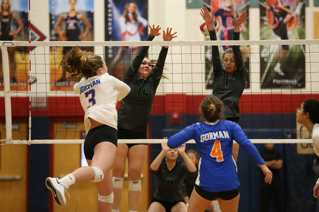 Bishop Gorman’s Tommi Stockham (3) connects with the ball against Palo Verde during th ...