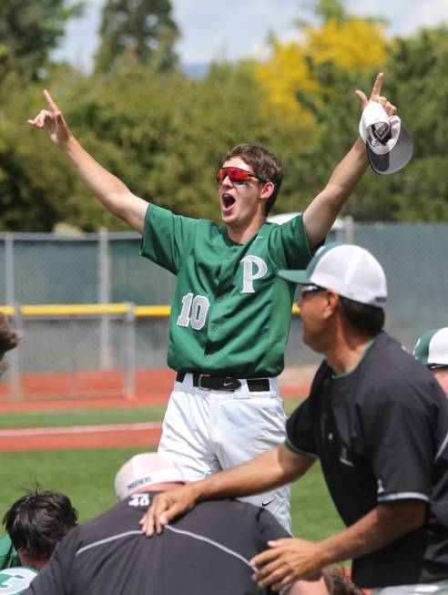 Palo Verde’s Nickolai Zuppas celebrates with teammates after their 4-2 win over Basic ...