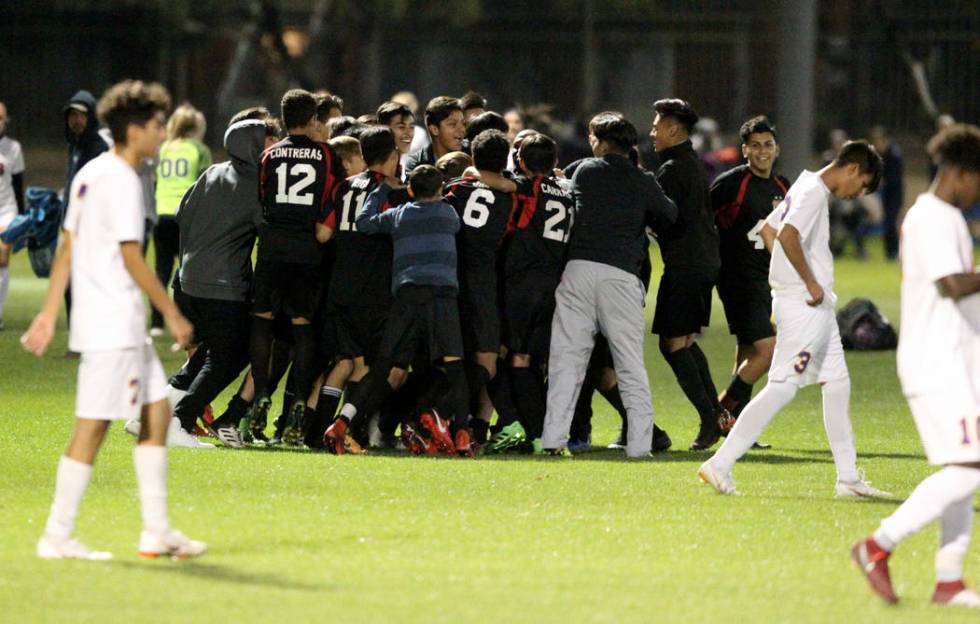 Las Vegas celebrates their win over Durango in their Class 4A state boys soccer semifinal ga ...