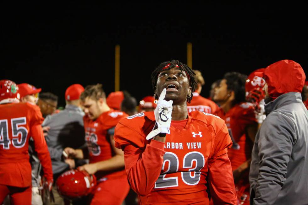 Arbor View’s Darius Harrison (23) celebrates the win over Desert Pines during second h ...