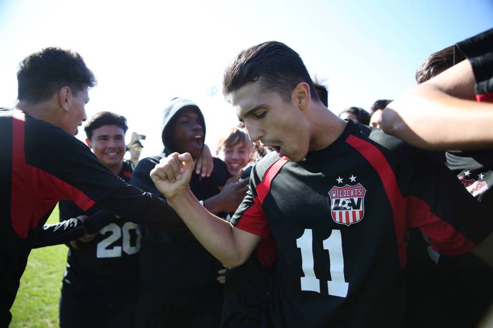 Las Vegas’ Rigo Carrasco (11) celebrates his team’s win against Coronado in the ...