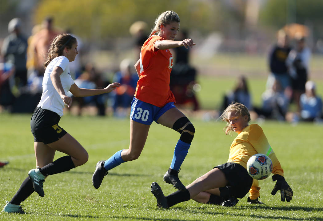 Bishop Gorman’s Gianna Gourley (30) leaps over Galena’s goalkeeper Ava Gotchi (1 ...