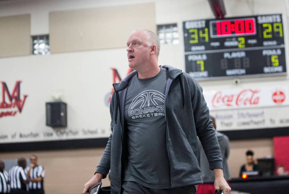 Bonanza head coach Dan Savage walks off the court in anger after the Bengals game with Sierr ...