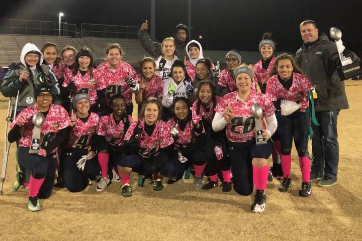 Green Valley’s flag football team poses with the trophy after winning the Mustang Rode ...