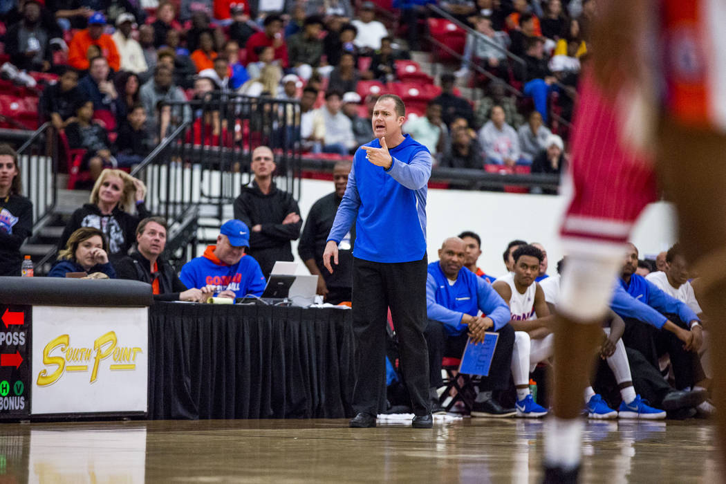 Bishop Gorman coach Grant Rice reacts to a play during the Big City Showdown at South Point ...