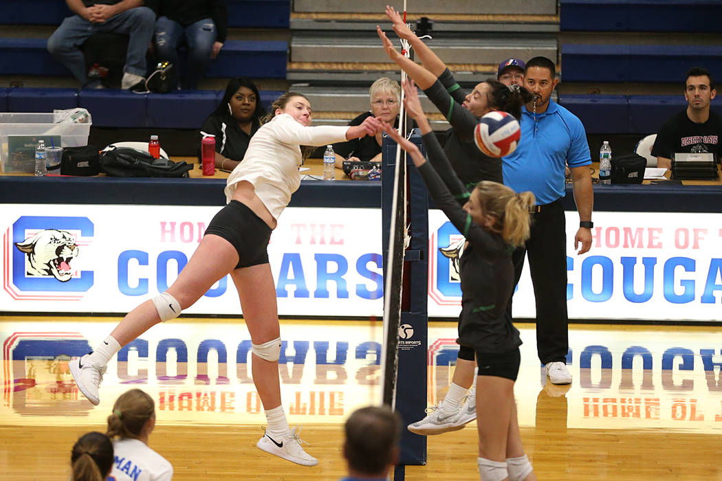 Bishop Gorman’s Tommi Stockham (3) connects with the ball against Palo Verde during th ...