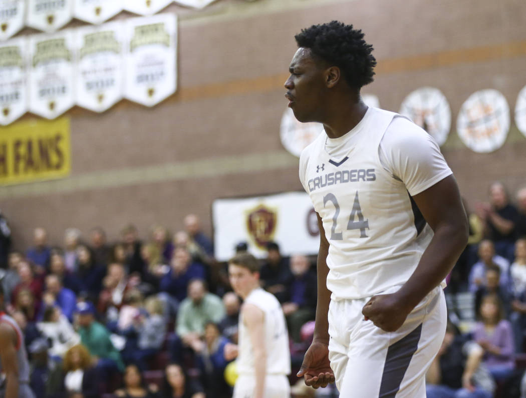 Faith Lutheran’s D.J. Heckard (24) reacts as his team leads against Arbor View during ...