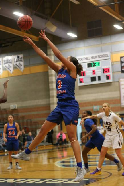 Bishop Gorman’s Georgia Ohiaeri (3) shoots the ball against Desert Oasis in the Desert ...