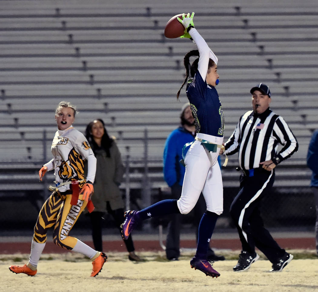 Green Valley’s Rebecca Orozco (10) intercepts the all against Bonanza’s Shayne D ...