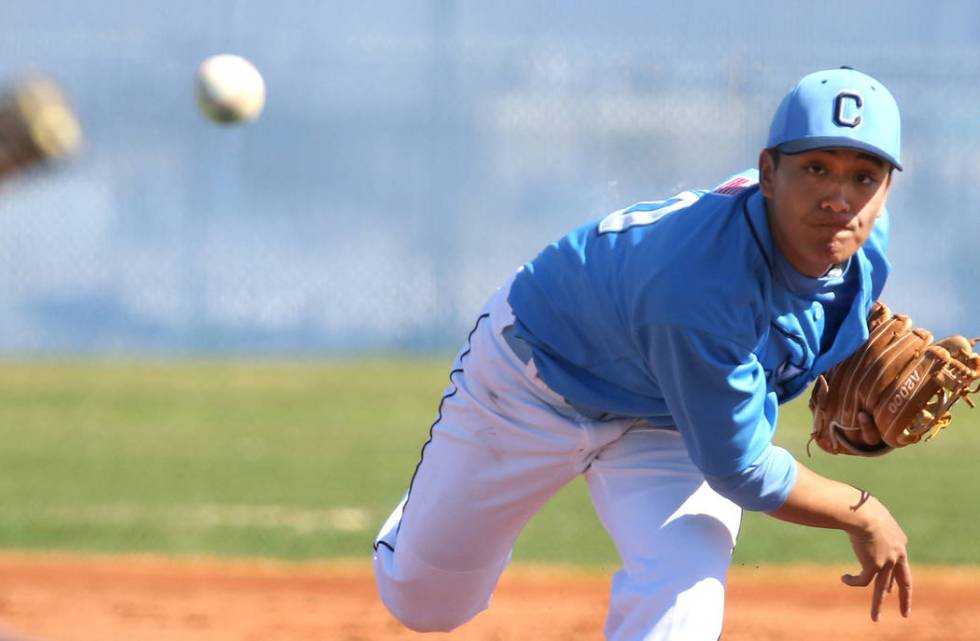 Centennial’s pitcher Nate Martin delivers against Liberty High during their baseball g ...