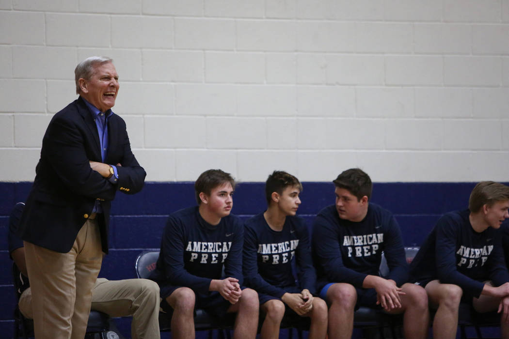 Dave Bliss coaches his team American Preparatory as they play Findlay Prep in Henderson, Wed ...