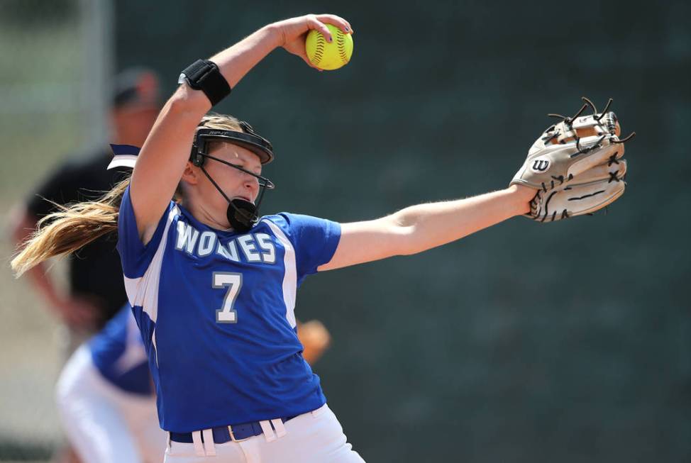 Basic Wolves’ Shelby Basso pitches against the Douglas Tigers during the NIAA 4A softb ...