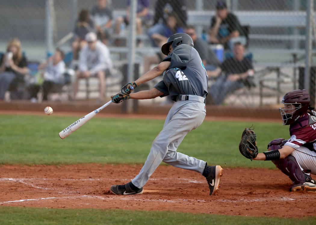Silverado’s Caleb Hubbard (42) hits against Cimarron-Memorial in the fourth inning of ...