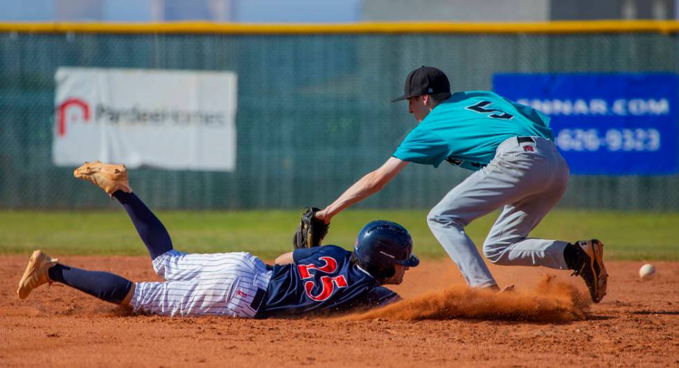 Coronado’s Thomas Planellas (25) dives safely back to first base after errant throw to ...