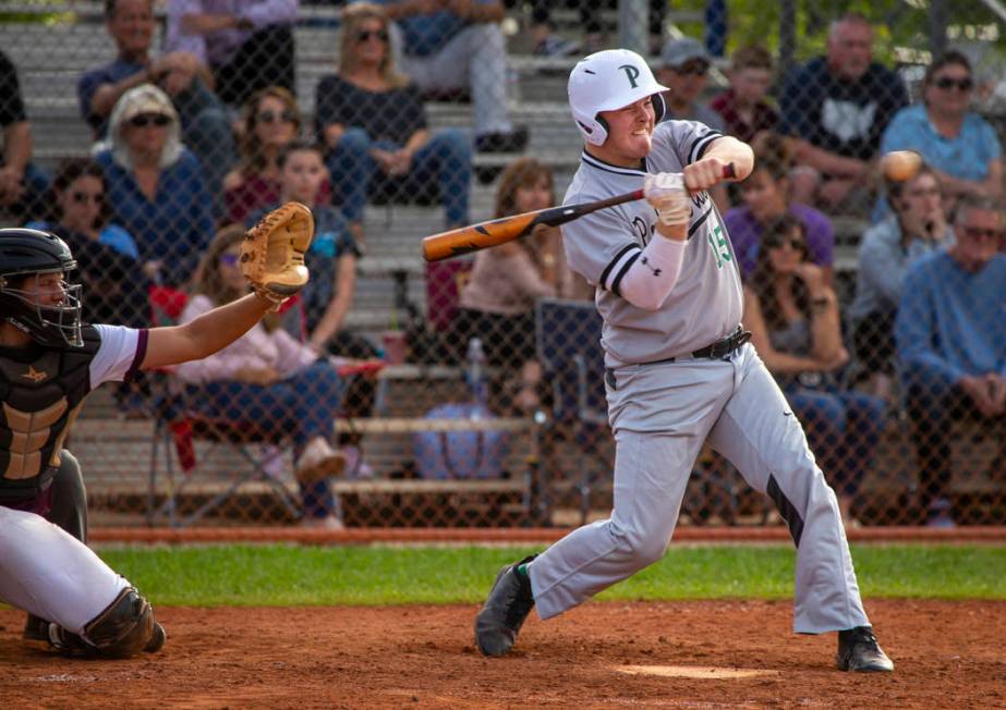 Palo Verde’s Hunter Chynoweth (15) eyes another ball from a Faith Lutheran pitcher dur ...