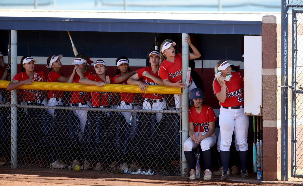 Coronado players cheer in the first inning during their softball game against Basic at Coron ...