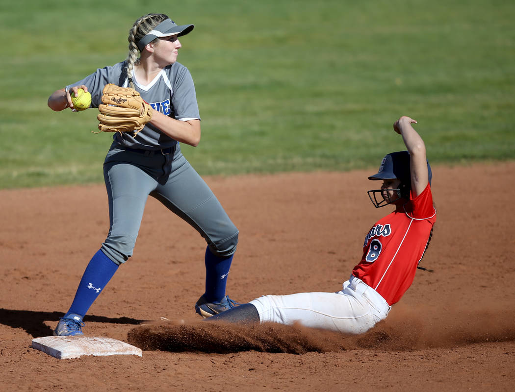 Basic’s Sierra McClean (12) forces out Coronado Madison Stephens (8) in the third inni ...