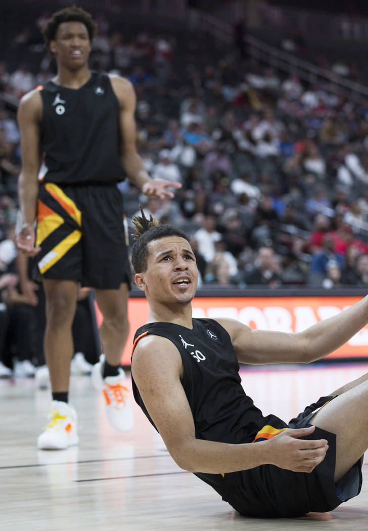 Cole Anthony (50) argues a call in the second half during the Jordan Brand Classic All-Ameri ...