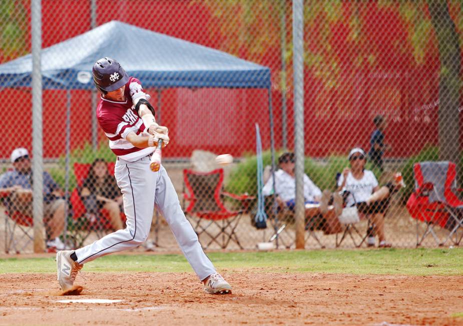 Cimarron-Memorial’s Ethan Daniel (17) bats the ball against Arbor View in the second r ...