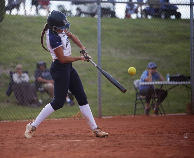 Shadow Ridge High School’s Taylor Hendricks (5) bats against Centennial High School in ...