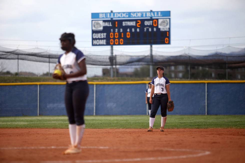 Shadow Ridge High School’s Caitlin Covington (3) waits for the pitcher Jasmine Martin ...