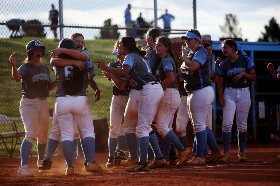 Centennial High School players cheer after winning 3-2 against Shadow Ridge High School in t ...