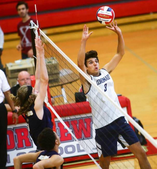 Coronado’s Alex White (3) sets the ball for a teammate during the Desert Region tourna ...