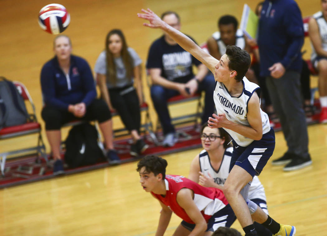 Coronado’s outside hitter Alex Winiarczyk (9) sends the ball to Foothill during the De ...