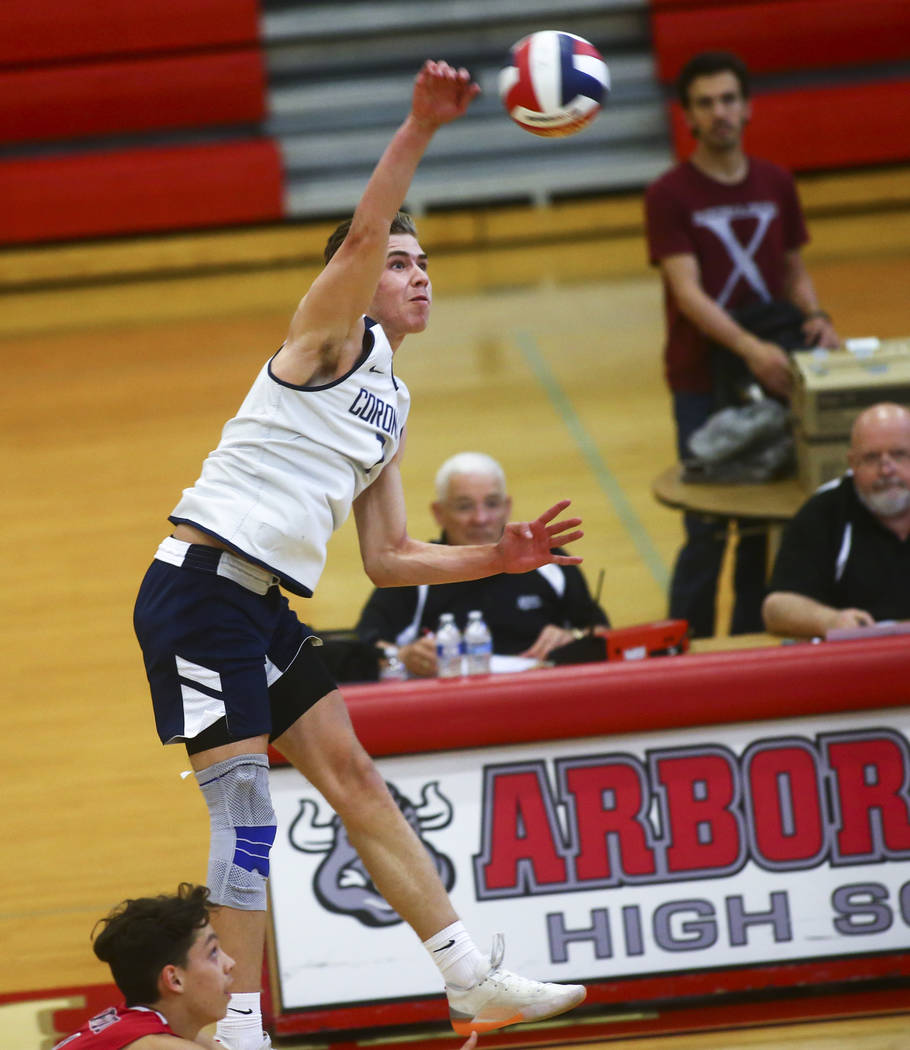 Coronado’s Jacob Ceci (7) looks to spike the ball against Foothill during the Desert R ...