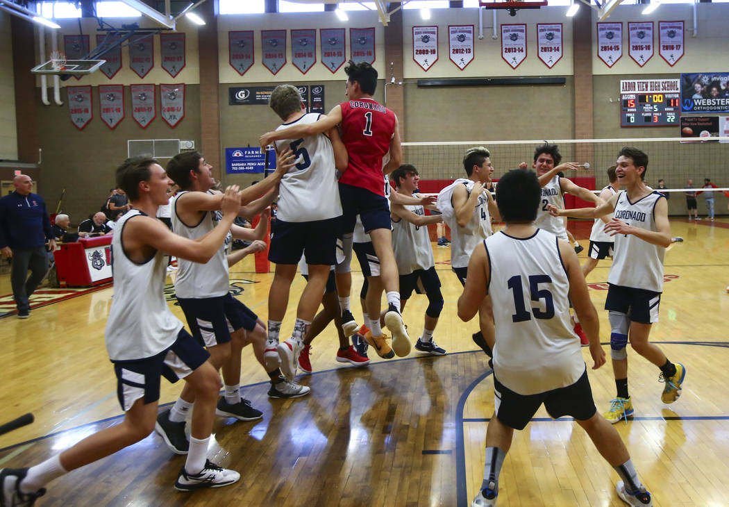 Coronado players celebrate their victory over Foothill in the Desert Region tournament champ ...