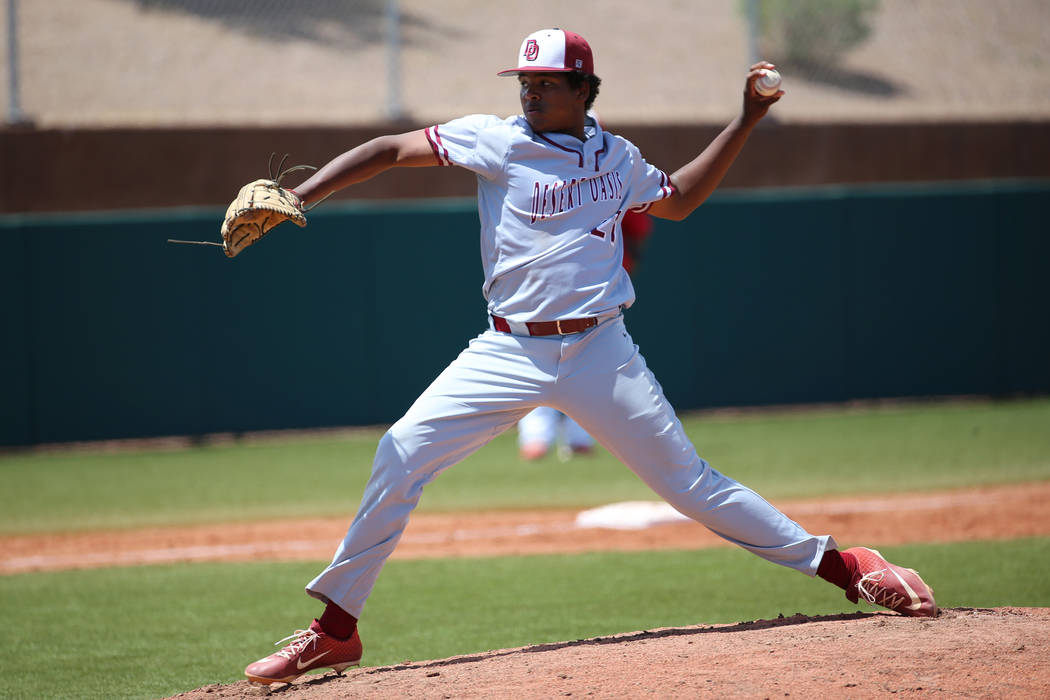 Desert Oasis’ Jacob Walsh (21) pitches against Las Vegas in the Southern Nevada champi ...