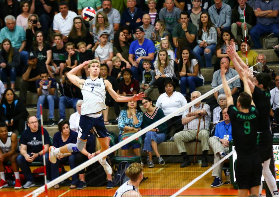 Coronado’s Jacob Ceci (7) looks to send the ball to Palo Verde during the Class 4A sta ...