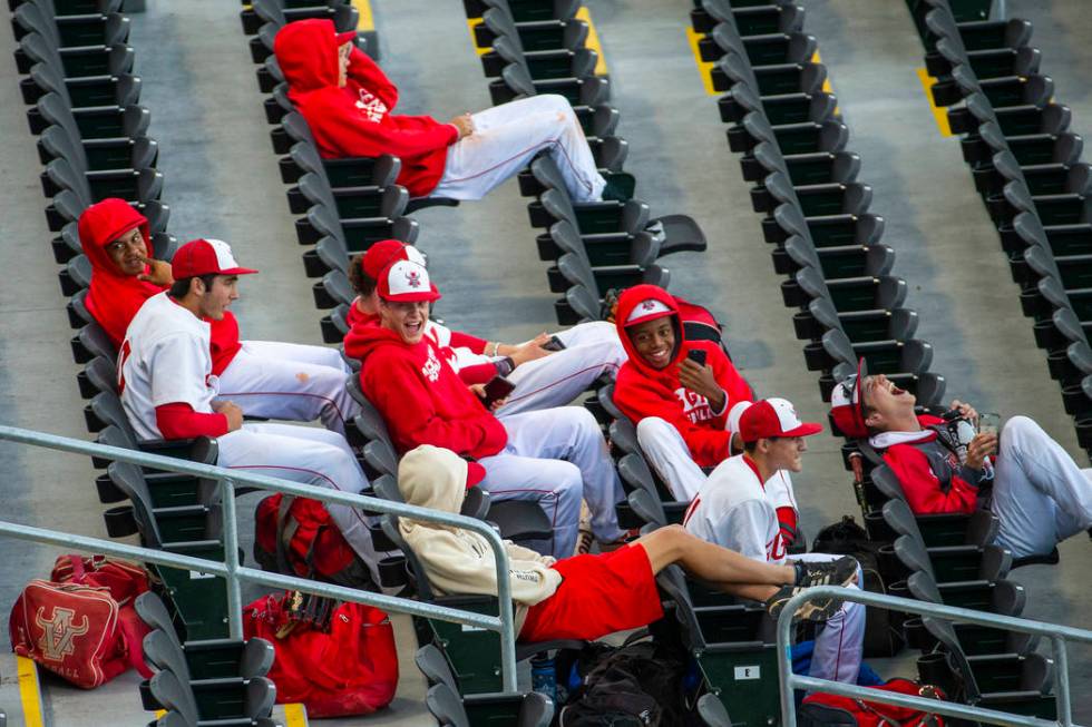 Arbor View players share some laughs in the stands before their game versus Las Vegas during ...