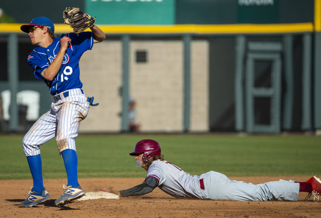 Reno’s Cade Grogan (19) saves an overthrow at second base while Desert Oasis’ Jo ...