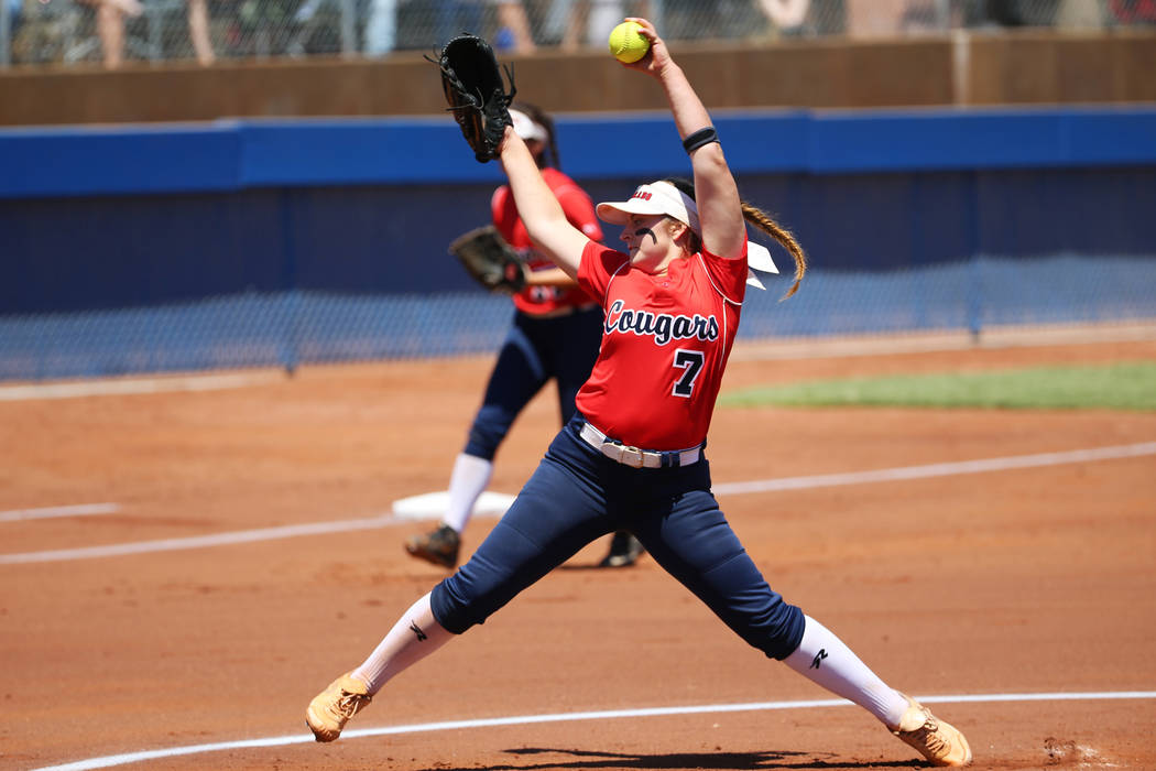 Coronado’s Ashley Ward (7) pitches against Shadow Ridge in the Southern Nevada champio ...