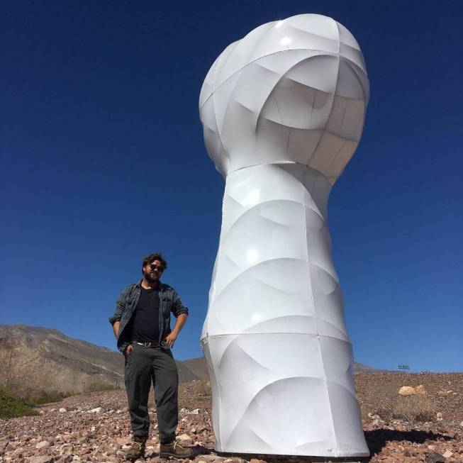 Bobby Zokaites with his "Hoodoo" sculpture. Bobby Zokaites