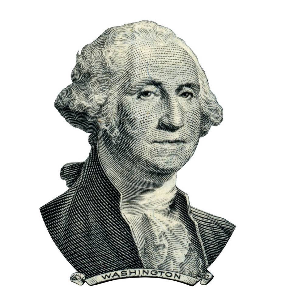 Portrait of first USA president George Washington as he looks on one dollar bill obverse. Clipp ...