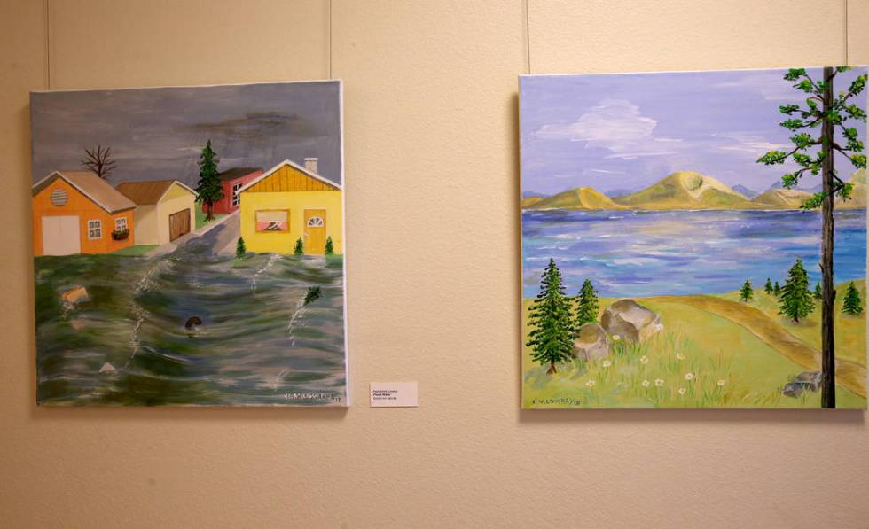 Flood Water, left, and Lake Water acrylic on canvas paintings are part of Hannelore Lowrey's ex ...