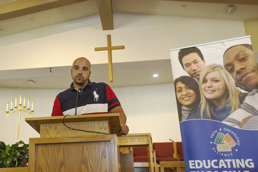 Jovan Jackson, 27, speaks during the implementing of Assembly Bill 431 at First AME Church on J ...