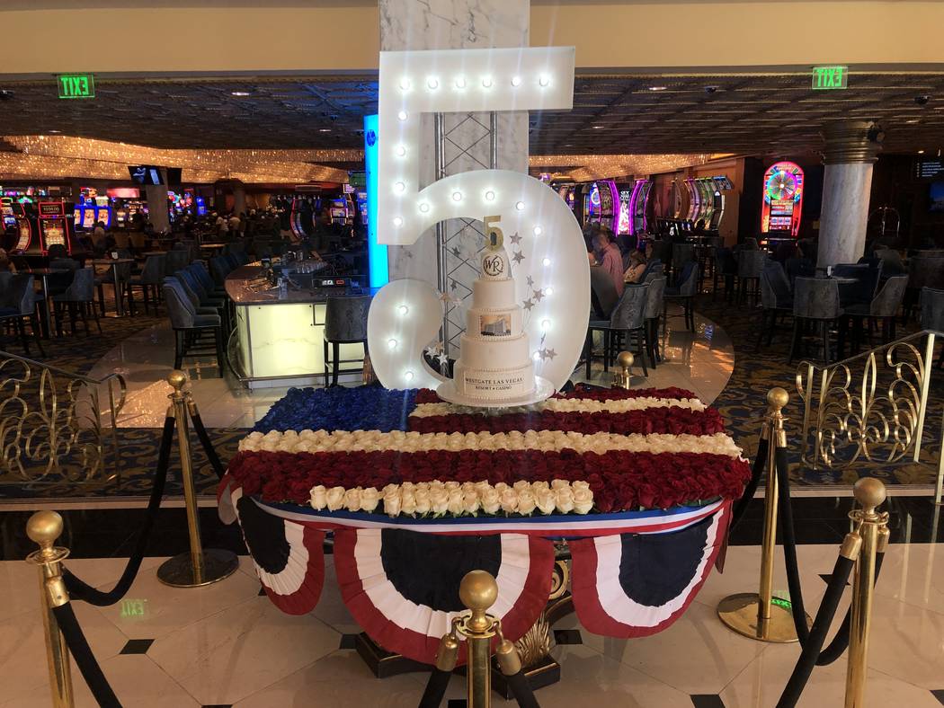 A cake and flower display marking the fifth anniversary of Westgate Las Vegas' ownership of the ...