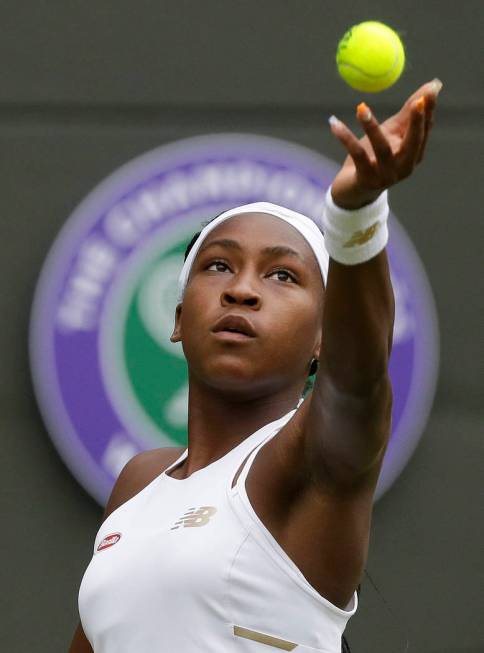 United States' Cori "Coco" Gauff serves to United States's Venus Williams in a Women' ...