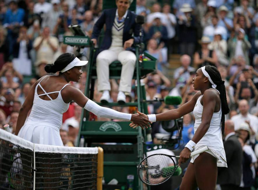 United States' Cori "Coco" Gauff, right, greets the United States's Venus Williams at ...