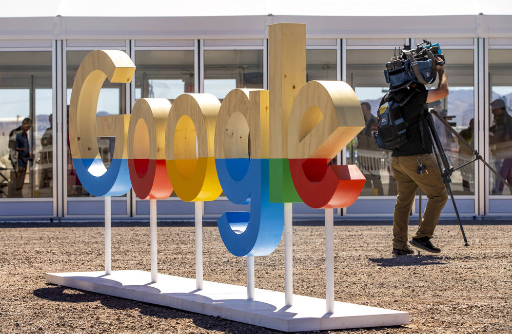 The construction area with wooden Google sign on display during a Google Nevada data center inv ...