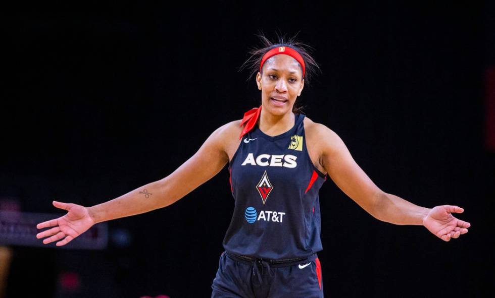 Las Vegas Aces center A'ja Wilson (22) is pleased with her performance over the Indiana Fever d ...