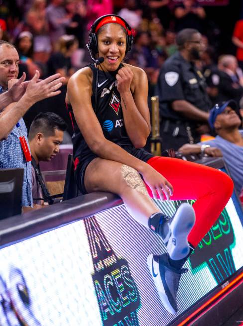 Las Vegas Aces center A'ja Wilson (22) enjoys an interview after their overtime win versus the ...