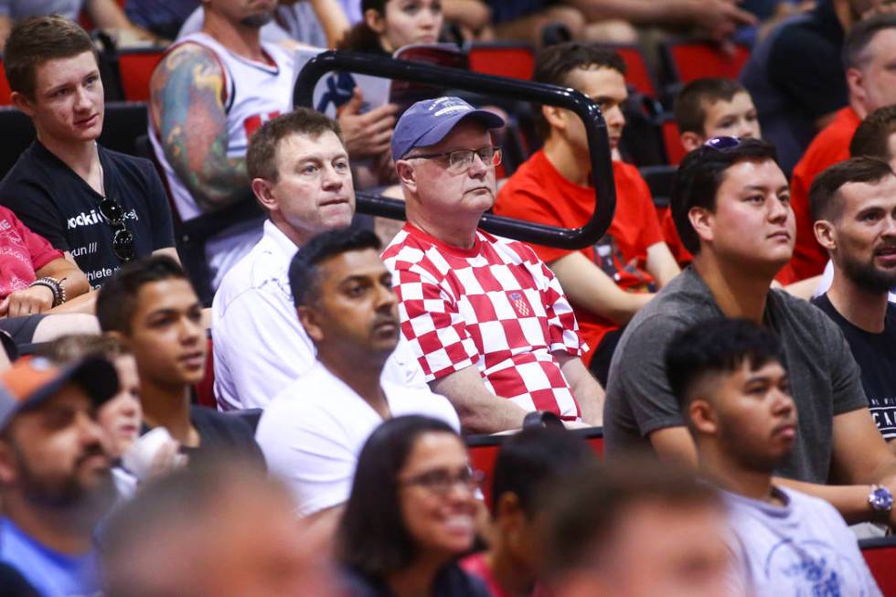 Croatia fans Milan Grcevic, center left, and Nikola Cvitkovic, center right, watch a basketball ...