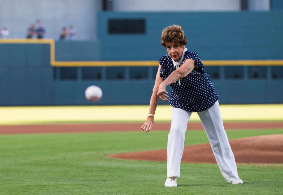 Ninety-five-year-old U.S. Marine Corps veteran Gloria Saucier, who served in World War II, thro ...